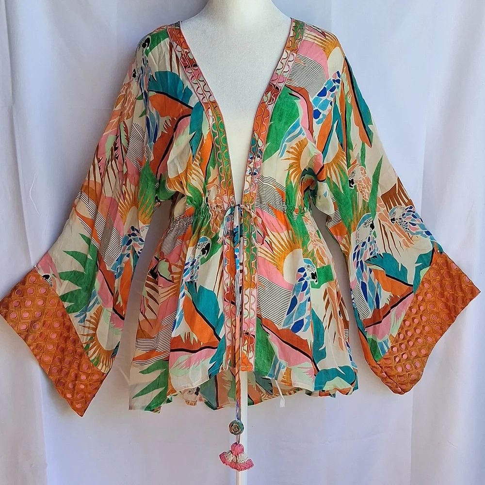Taj By Sabrina Crippa Tres Marias Orange Kimono Cardigan S Tropical Resortwear - Picture 13 of 17